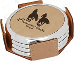 Round Light Brown Leatherette with Silver Edge 4-Coaster Set