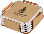 Square Light Brown Leatherette with Silver Edge 4-Coaster Set