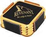 Square Black Leatherette with Gold Edge 4-Coaster Set