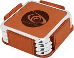 Square Rawhide Leatherette with Silver Edge 4-Coaster Set