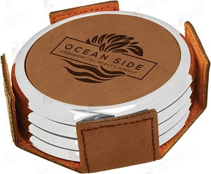 Round Dark Brown Leatherette with Silver Edge 4-Coaster Set
