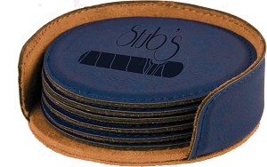 Round Blue Leatherette 6-Coaster Set